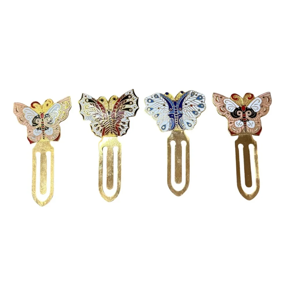 Set of 4 Vintage Butterfly Enamel Metal Bookmarks Gold Tone Page Markers Multi
